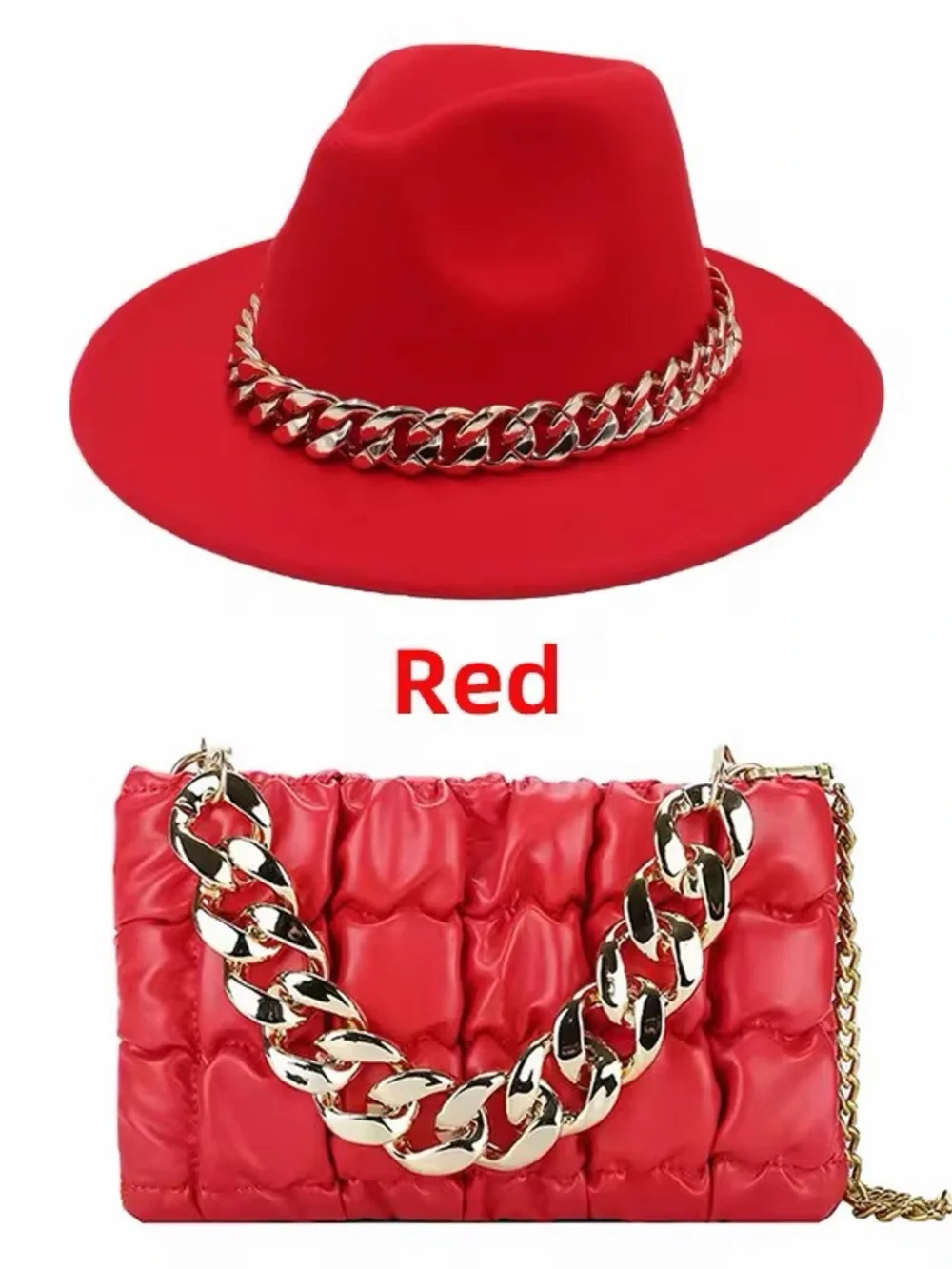Red Chain-Trim Fedora Hat with Matching Quilted Crossbody Bag